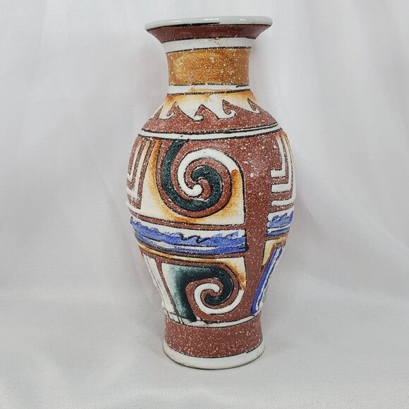VTG Sandstone Textured Vase 6" Hand Painted Southwest Design Cream, Tan & blue - Picture 10 of 10